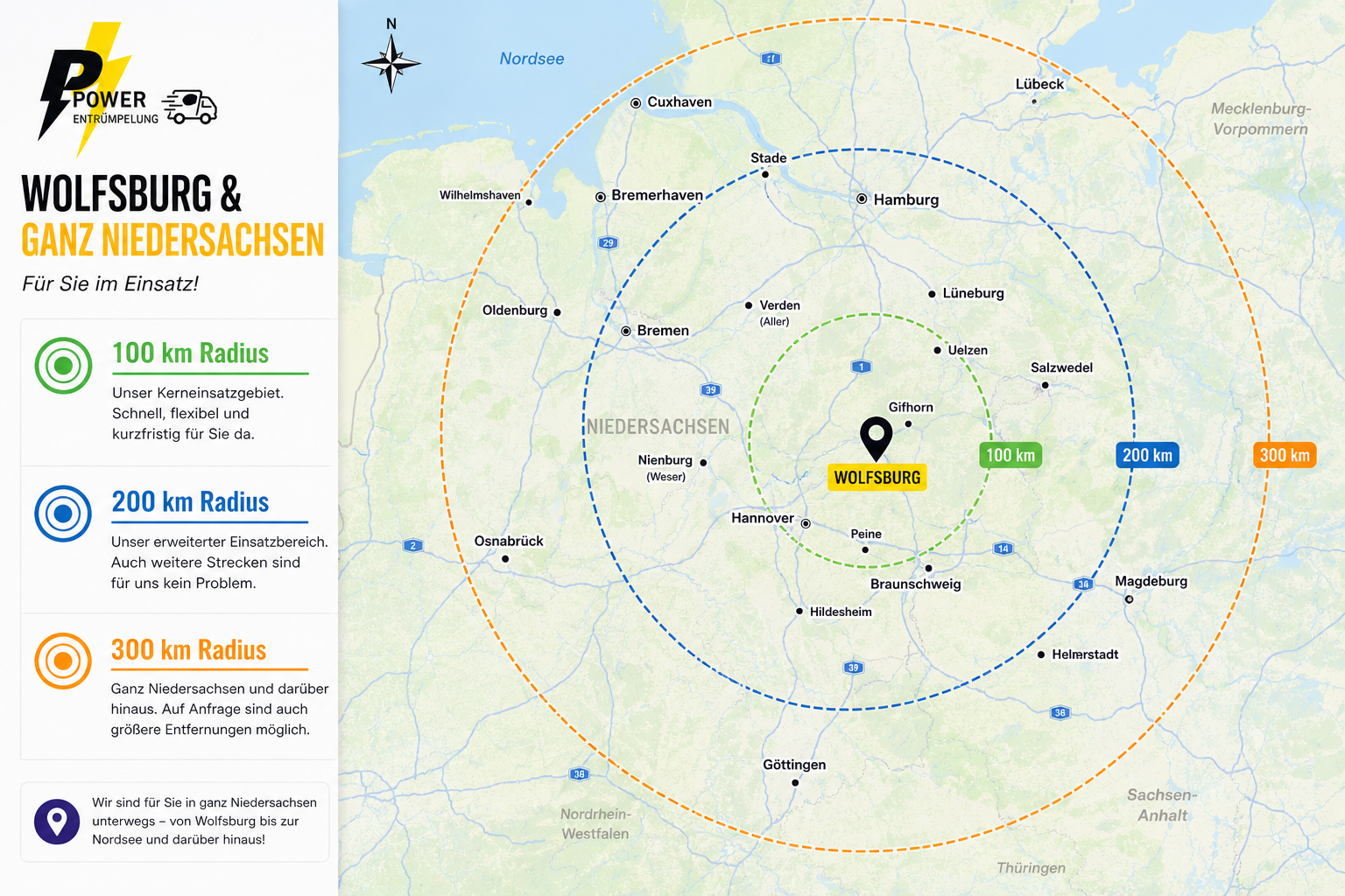 Karte des Einsatzgebiets der Power Entrümpelung rund um Wolfsburg mit 100, 200 und 300 km Radius